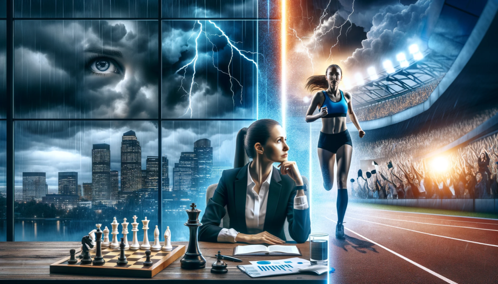DALL·E 2023-12-19 15.41.19 - A revised blog header image for The Psychology of Success_ Fear of Losing vs. Drive to Win in Business and Sports, incorporating women. One half of