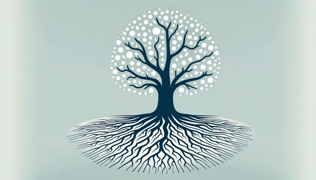 DALL·E 2024-01-24 09.23.14 - A simplistic and symbolic representation of a tree, where the roots are depicted as core competencies in a business context. The tree's roots are visu