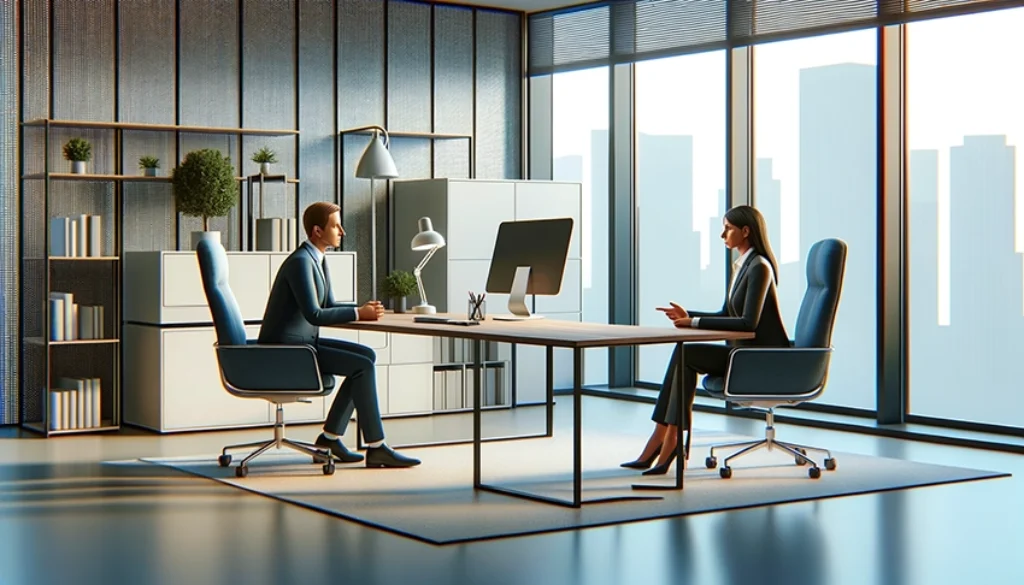 DALL·E 2024-02-02 08.27.41 - A horizontal, modern office setting where a female boss and an employee are engaged in a serious conversation, with their positions swapped from the p