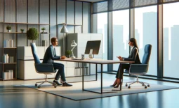 DALL·E 2024-02-02 08.27.41 - A horizontal, modern office setting where a female boss and an employee are engaged in a serious conversation, with their positions swapped from the p
